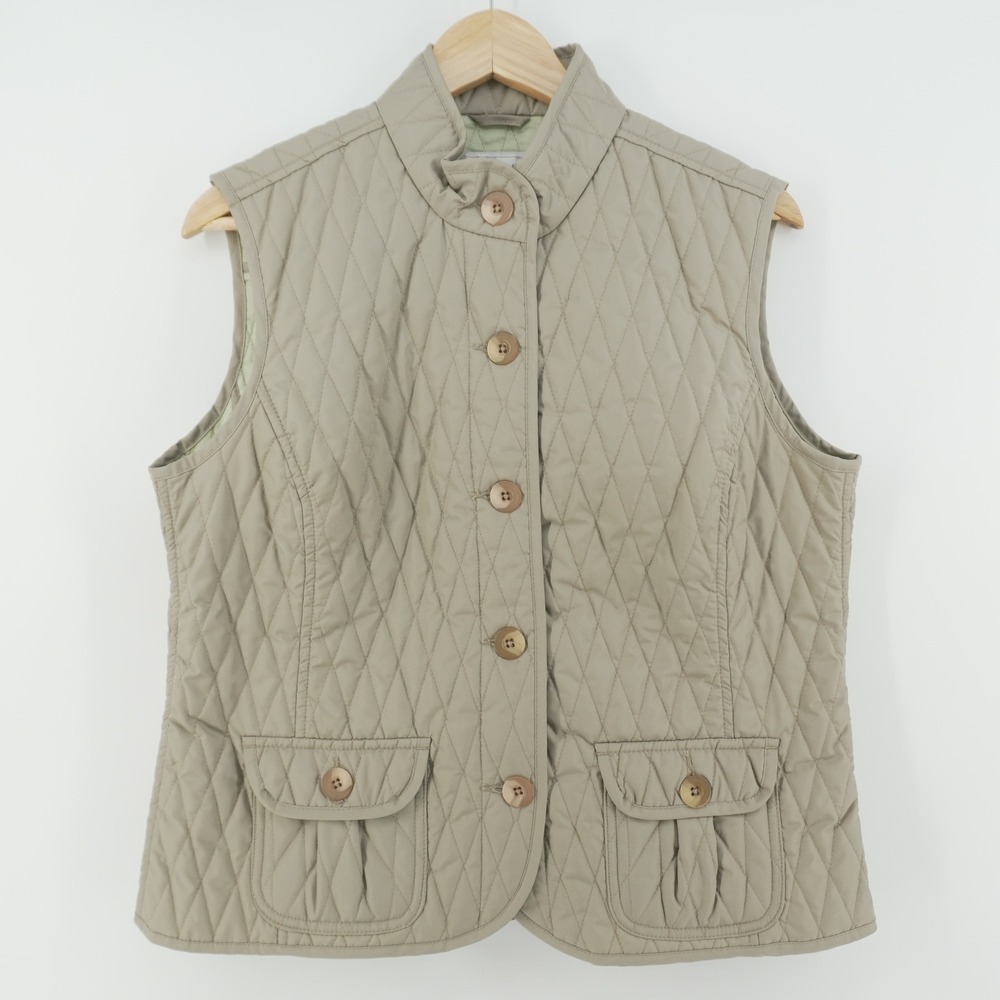 Van Heusen Quilted Vest Women Large Tan Khaki Button Front Mock Neck Pockets